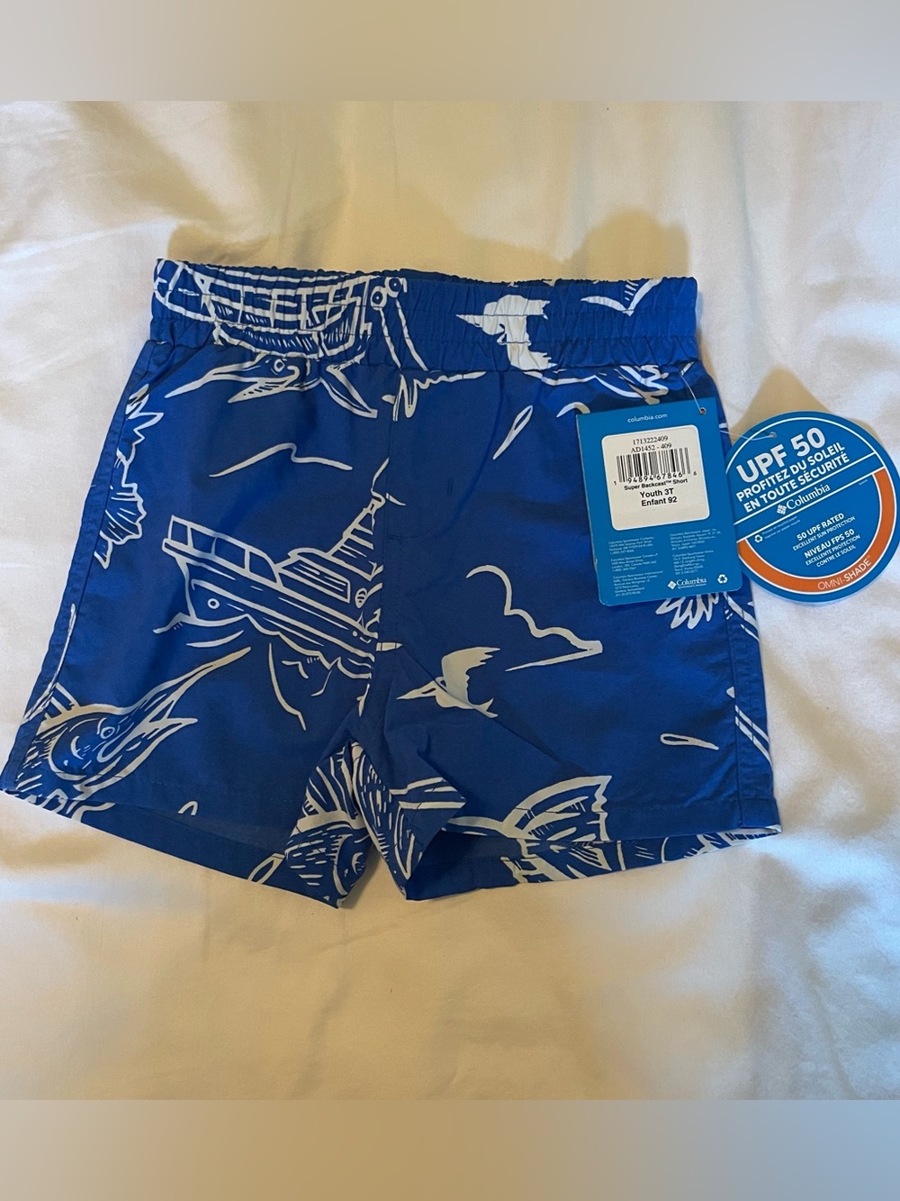 BOYS Columbia PFG Blue Boys' UPF 50 Nautical Print Swim Trunks 3T NEW